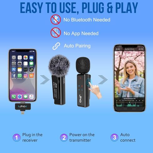 ميكروفون JHO صغير لأجهزة iPhone وAndroid، بطارية 16 ساعة، ميكروفون Lavalier بخاصية إلغاء الضوضاء، ميكروفون Pro بمشبك لمنشئي المحتوى، مدونات الفيديو/YouTube/Tiktok/البث/المقابلات/تسجيل الفيديو in Kuwait