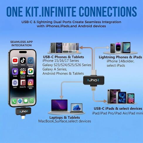 ميكروفون JHO صغير لأجهزة iPhone وAndroid، بطارية 16 ساعة، ميكروفون Lavalier بخاصية إلغاء الضوضاء، ميكروفون Pro بمشبك لمنشئي المحتوى، مدونات الفيديو/YouTube/Tiktok/البث/المقابلات/تسجيل الفيديو in Kuwait