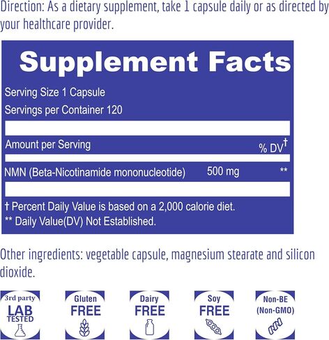 UpNourish NMN 500mg 120 كبسولة - مكمل بيتا نيكوتيناميد أحادي النوكليوتيد NAD - بديل نيكوتيناميد ريبوسيد للنساء والرجال in Kuwait