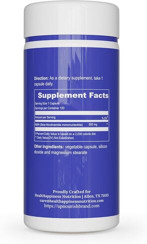 UpNourish NMN 500mg 120 كبسولة - مكمل بيتا نيكوتيناميد أحادي النوكليوتيد NAD - بديل نيكوتيناميد ريبوسيد للنساء والرجال in Kuwait