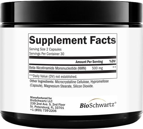 BioSchwartz NMN Supplement - 500mg Nicotinamide Mononucleotide - 30 Servings, 60 Capsules - Made in The USA with Premium Globally Sourced Ingredients, Third-Party Tested, Gluten-Free NMN Supplement in Kuwait