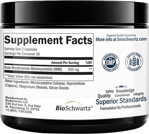 BioSchwartz NMN Supplement - 500mg Nicotinamide Mononucleotide - 30 Servings, 60 Capsules - Made in The USA with Premium Globally Sourced Ingredients, Third-Party Tested, Gluten-Free NMN Supplement in Kuwait