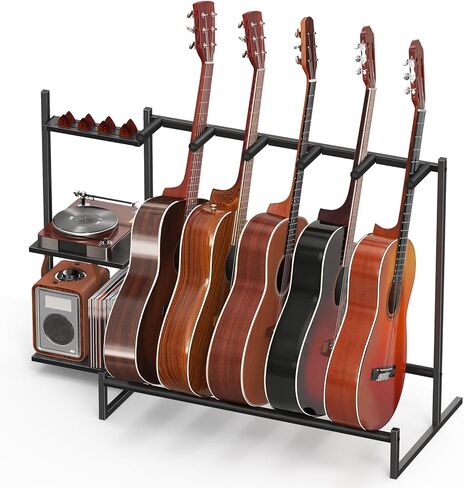 Guitar Stand, Guitar Rack for Multiple Guitars,Guitar Holder for Bass, Banjo,Acoustic Guitar Display Stand,5 Slot Guitar Stands Floor with 3 Side Shelves for Amp & Record Player,Studio & Home, Black in Kuwait