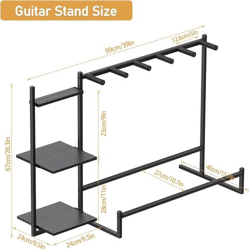 Guitar Stand, Guitar Rack for Multiple Guitars,Guitar Holder for Bass, Banjo,Acoustic Guitar Display Stand,5 Slot Guitar Stands Floor with 3 Side Shelves for Amp & Record Player,Studio & Home, Black in Kuwait