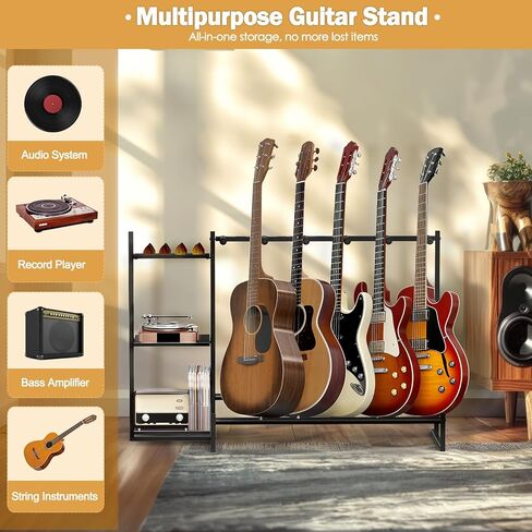 Guitar Stand, Guitar Rack for Multiple Guitars,Guitar Holder for Bass, Banjo,Acoustic Guitar Display Stand,5 Slot Guitar Stands Floor with 3 Side Shelves for Amp & Record Player,Studio & Home, Black in Kuwait
