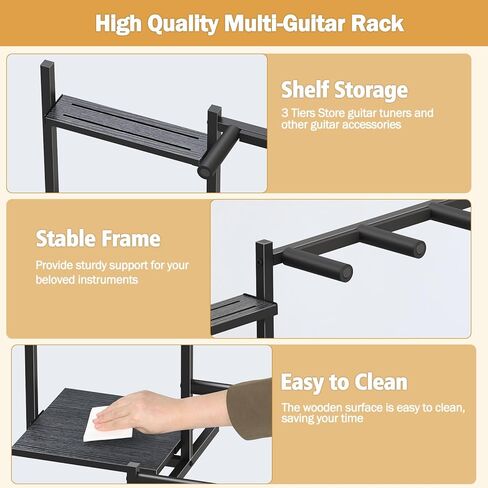 Guitar Stand, Guitar Rack for Multiple Guitars,Guitar Holder for Bass, Banjo,Acoustic Guitar Display Stand,5 Slot Guitar Stands Floor with 3 Side Shelves for Amp & Record Player,Studio & Home, Black in Kuwait