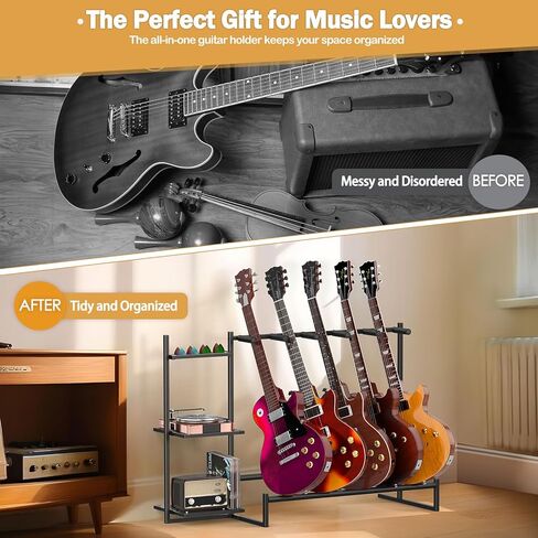Guitar Stand, Guitar Rack for Multiple Guitars,Guitar Holder for Bass, Banjo,Acoustic Guitar Display Stand,5 Slot Guitar Stands Floor with 3 Side Shelves for Amp & Record Player,Studio & Home, Black in Kuwait