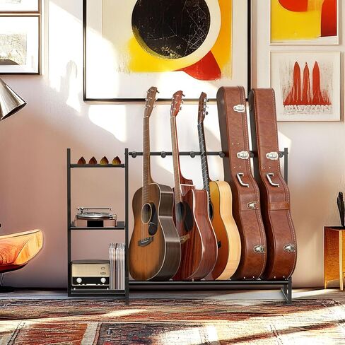 Guitar Stand, Guitar Rack for Multiple Guitars,Guitar Holder for Bass, Banjo,Acoustic Guitar Display Stand,5 Slot Guitar Stands Floor with 3 Side Shelves for Amp & Record Player,Studio & Home, Black in Kuwait