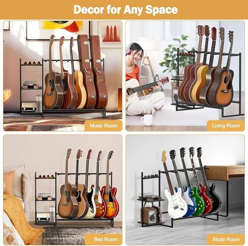 Guitar Stand, Guitar Rack for Multiple Guitars,Guitar Holder for Bass, Banjo,Acoustic Guitar Display Stand,5 Slot Guitar Stands Floor with 3 Side Shelves for Amp & Record Player,Studio & Home, Black in Kuwait