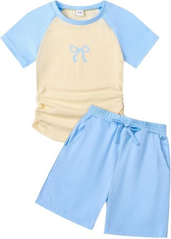 Kids Toddler Girl Clothes Outfits Color Clash Short Sleeve Heart Print Tops Summer Shorts Set in Kuwait