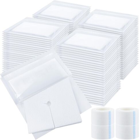 Timgle 200 Pcs 2" x 2" Split Gauze Pads 6 Ply Split Drain Sponge Gauze Non Woven Slit Bandage Sponges with 2 Roll of Tape for Wound Care Tubes Drains Supplies in Kuwait