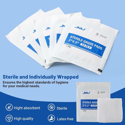JMU Sterile Gauze Pads 2x2, 100 Pack, 12-ply Woven Sponges Cotton Medical Gauze Pads for Wound Care, Highly Absorbent in Kuwait