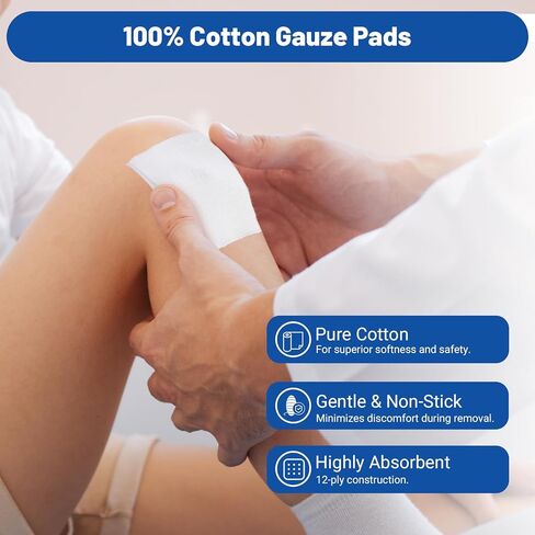 JMU Sterile Gauze Pads 2x2, 100 Pack, 12-ply Woven Sponges Cotton Medical Gauze Pads for Wound Care, Highly Absorbent in Kuwait
