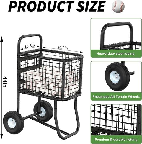 GARVIN Baseball & Softball Cart with Wheels – Heavy-Duty Powder-Coated Steel Frame, Holds 300+ Baseballs or 150 Softballs, 10.5" All-Terrain Wheels, Ball Transport Cart for Field & Training in Kuwait