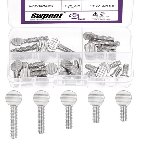 Swpeet 25Pcs 5 Sizes 1/4"-20 Thread Thumb Screw Assortment Kit, 304 Stainless Steel Fully Thread Thumb Screw, Finger Tight Racket Screw Handle Bolts Knob, Tightening Knob in Saudi Arabia