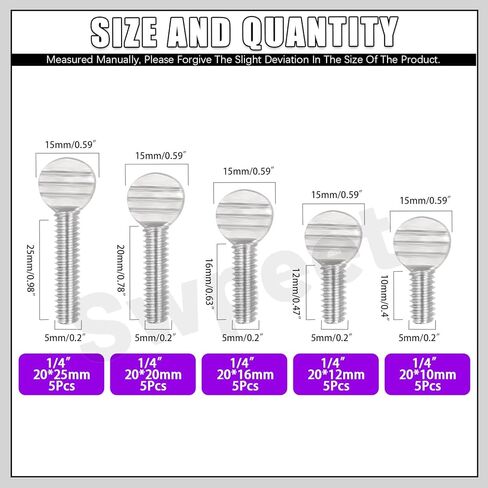 Swpeet 25Pcs 5 Sizes 1/4"-20 Thread Thumb Screw Assortment Kit, 304 Stainless Steel Fully Thread Thumb Screw, Finger Tight Racket Screw Handle Bolts Knob, Tightening Knob in Saudi Arabia