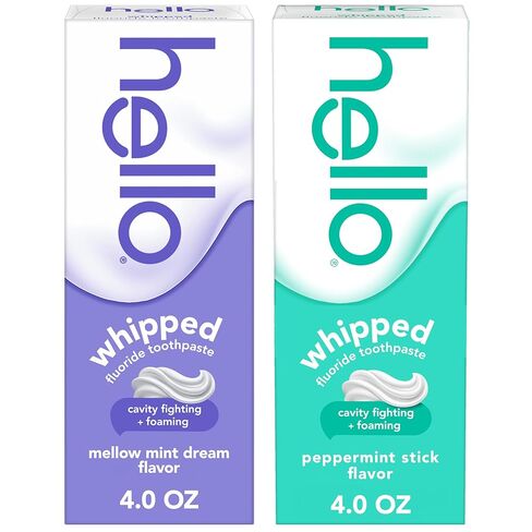 Hello Whipped Mellow Mint Dream and Peppermint Stick Toothpaste Pack, Minty Adult Foam Toothpaste with Fluoride, SLS Free, Freshens Breath, Dreamy Foamy Texture, Fights Cavities, 2 Pack, 4.0 Oz Tubes in Kuwait