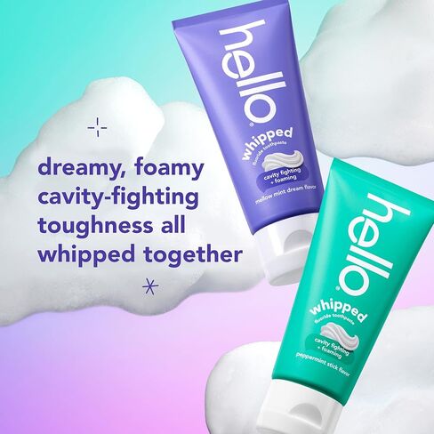 Hello Whipped Mellow Mint Dream and Peppermint Stick Toothpaste Pack, Minty Adult Foam Toothpaste with Fluoride, SLS Free, Freshens Breath, Dreamy Foamy Texture, Fights Cavities, 2 Pack, 4.0 Oz Tubes in Kuwait