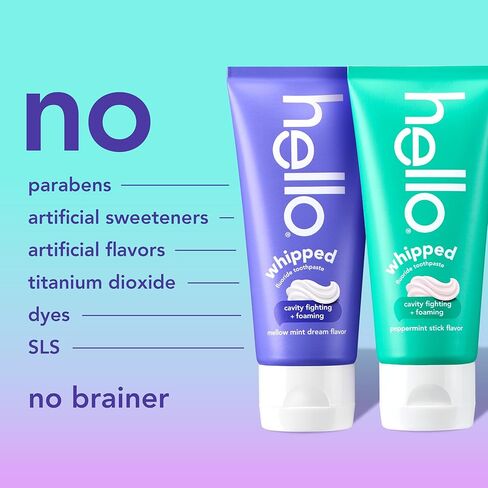 Hello Whipped Mellow Mint Dream and Peppermint Stick Toothpaste Pack, Minty Adult Foam Toothpaste with Fluoride, SLS Free, Freshens Breath, Dreamy Foamy Texture, Fights Cavities, 2 Pack, 4.0 Oz Tubes in Kuwait