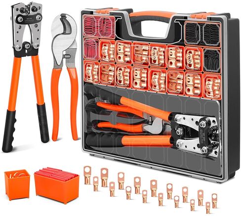 Kuject 32PCS Battery Cable Ends Kit AWG 1/0 2/0, Heavy Duty Copper Wire Lugs, 0 Gauge 00 Gauge Ring Terminal with 3/8" and 5/16" Stud, Battery Cable Connectors with 3:1 Heat Shrink Tube in Kuwait