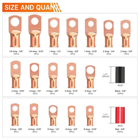 Kuject 32PCS Battery Cable Ends Kit AWG 1/0 2/0, Heavy Duty Copper Wire Lugs, 0 Gauge 00 Gauge Ring Terminal with 3/8" and 5/16" Stud, Battery Cable Connectors with 3:1 Heat Shrink Tube in Kuwait