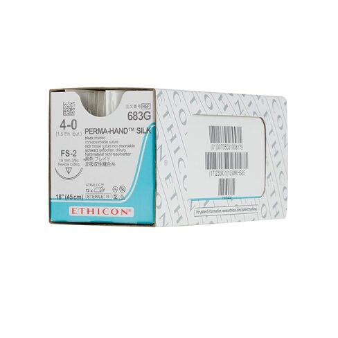 Ethicon PERMA-HAND Silk Suture, 683G, Natural Non-absorbable, FS-2 (19 mm), 3/8 Circle Needle, Size 4-0, 18" (45 cm) in Kuwait