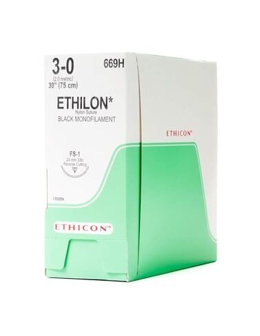 Ethicon ETHILON Nylon Suture, 669H, Synthetic Non-absorbable, FS-1 (24 mm), 3/8 Circle Needle, Size 3-0, 30" (75 cm) in Kuwait