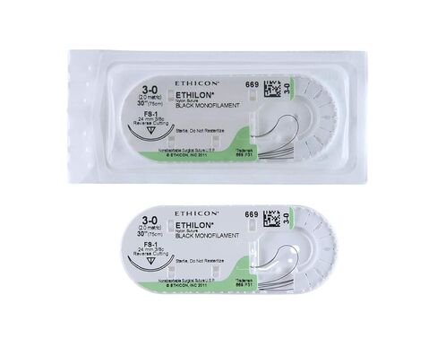 Ethicon ETHILON Nylon Suture, 669H, Synthetic Non-absorbable, FS-1 (24 mm), 3/8 Circle Needle, Size 3-0, 30" (75 cm) in Kuwait