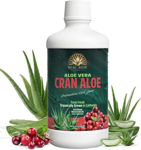 Real Aloe Cran Aloe Juice (32 fl oz) | Organic California-Grown Aloe Vera with Real Cranberry | Aloin-Free Inner Leaf | Hydration & Daily Wellness Support | Dietary Supplement | Made in USA in Saudi Arabia
