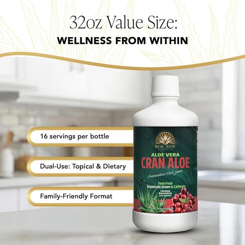 Real Aloe Cran Aloe Juice (32 fl oz) | Organic California-Grown Aloe Vera with Real Cranberry | Aloin-Free Inner Leaf | Hydration & Daily Wellness Support | Dietary Supplement | Made in USA in Saudi Arabia