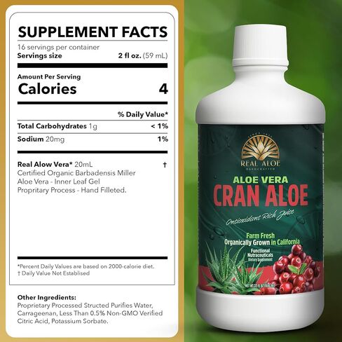 Real Aloe Cran Aloe Juice (32 fl oz) | Organic California-Grown Aloe Vera with Real Cranberry | Aloin-Free Inner Leaf | Hydration & Daily Wellness Support | Dietary Supplement | Made in USA in Saudi Arabia