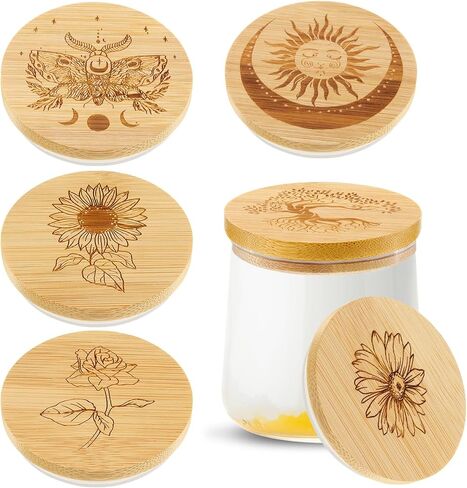 Tessco for you 6 Packs Yogurt Jar Lids Set Bamboo Wood for Jars Reusable Lid with Silicone Sealing Rings and Different Patterns Compatible with Oui Glass Containers in Kuwait