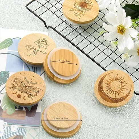 Tessco for you 6 Packs Yogurt Jar Lids Set Bamboo Wood for Jars Reusable Lid with Silicone Sealing Rings and Different Patterns Compatible with Oui Glass Containers in Kuwait