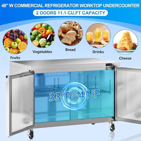 ثلاجة سطح العمل التجارية، 48 بوصة ث 2 باب منضدة عمل مبردة من الفولاذ المقاوم للصدأ، ثلاجة مطبخ 11.1 قدم مكعب، ثلاجة تحت سطح العمل 33–40 درجة فهرنهايت للمطعم، البار، المقهى، معتمدة من ETL in Kuwait