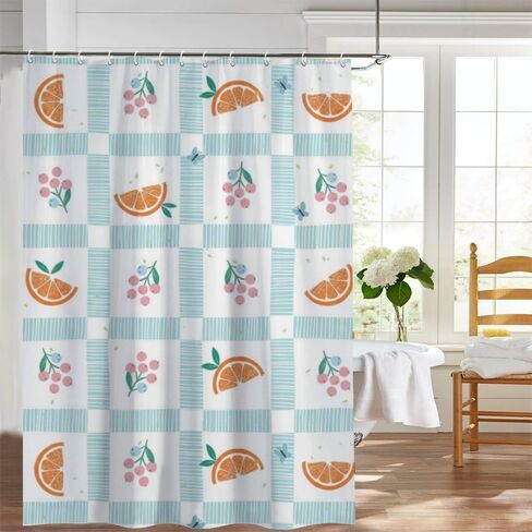 Fruit Gingham Print Funny Shower Curtain with Hooks, Summer Waterproof Shower Curtain Ocean, Washable Fabric Holiday Farmhouse Curtains for Rv Retro Bathroom Decor 72×72 in in Kuwait