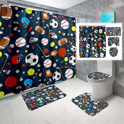 مجموعة ستائر الدش الرياضية للأولاد، مجموعة حمام رياضية للأطفال مكونة من 4 قطع مع خطافات، كرة القدم وكرة السلة الرياضية وديكور الحمام يتضمن البساط وغطاء المرحاض وحصيرة الحمام in Kuwait