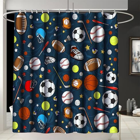 مجموعة ستائر الدش الرياضية للأولاد، مجموعة حمام رياضية للأطفال مكونة من 4 قطع مع خطافات، كرة القدم وكرة السلة الرياضية وديكور الحمام يتضمن البساط وغطاء المرحاض وحصيرة الحمام in Kuwait