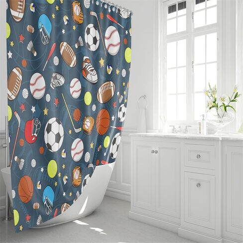 مجموعة ستائر الدش الرياضية للأولاد، مجموعة حمام رياضية للأطفال مكونة من 4 قطع مع خطافات، كرة القدم وكرة السلة الرياضية وديكور الحمام يتضمن البساط وغطاء المرحاض وحصيرة الحمام in Kuwait