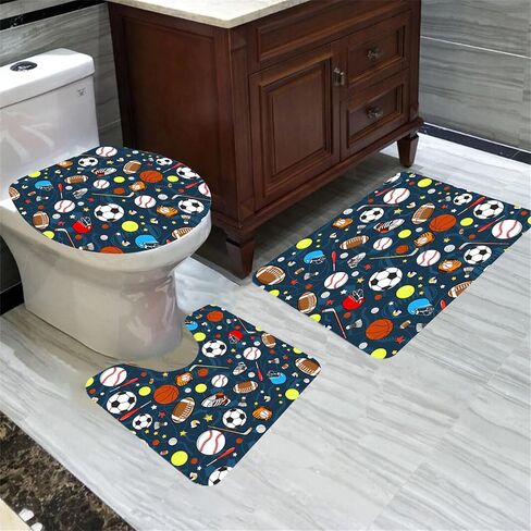 مجموعة ستائر الدش الرياضية للأولاد، مجموعة حمام رياضية للأطفال مكونة من 4 قطع مع خطافات، كرة القدم وكرة السلة الرياضية وديكور الحمام يتضمن البساط وغطاء المرحاض وحصيرة الحمام in Kuwait