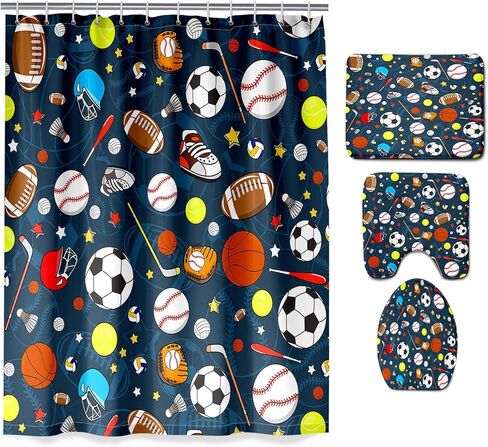 مجموعة ستائر الدش الرياضية للأولاد، مجموعة حمام رياضية للأطفال مكونة من 4 قطع مع خطافات، كرة القدم وكرة السلة الرياضية وديكور الحمام يتضمن البساط وغطاء المرحاض وحصيرة الحمام in Kuwait