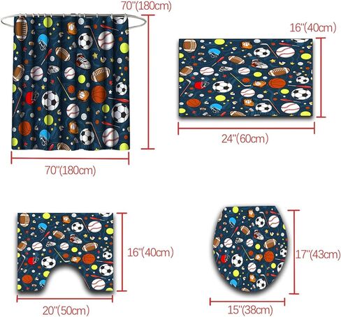 مجموعة ستائر الدش الرياضية للأولاد، مجموعة حمام رياضية للأطفال مكونة من 4 قطع مع خطافات، كرة القدم وكرة السلة الرياضية وديكور الحمام يتضمن البساط وغطاء المرحاض وحصيرة الحمام in Kuwait