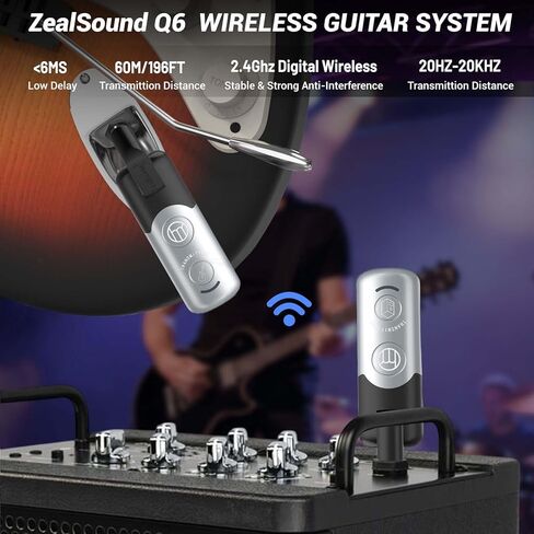 نظام جيتار لاسلكي ZealSound 2.4G، جهاز استقبال إرسال الجيتار للقيثارات الكهربائية، الجهير، لوحة المفاتيح، الطبول والأدوات المتعددة، التحكم في مستوى الصوت 3 مستويات، وقت تشغيل 25 ساعة، عرض البطارية، نطاق 197 قدم in Saudi Arabia
