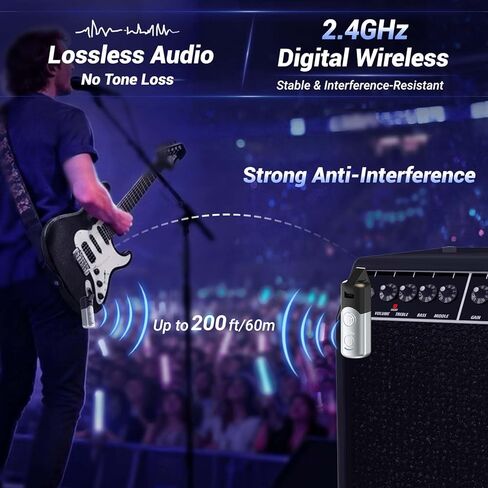 نظام جيتار لاسلكي ZealSound 2.4G، جهاز استقبال إرسال الجيتار للقيثارات الكهربائية، الجهير، لوحة المفاتيح، الطبول والأدوات المتعددة، التحكم في مستوى الصوت 3 مستويات، وقت تشغيل 25 ساعة، عرض البطارية، نطاق 197 قدم in Saudi Arabia