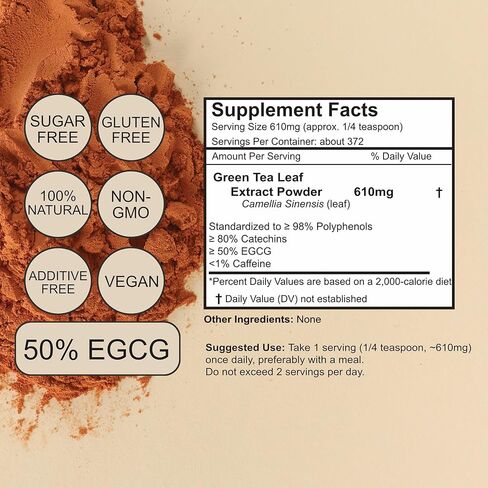 مسحوق مستخلص الشاي الأخضر 98% بوليفينول، 50% EGCG، مستخلص الشاي الأخضر منزوع الكافيين 8 أونصة، دعم مضادات الأكسدة والتمثيل الغذائي، طاقة طبيعية وتركيز بدون كافيين، مستخلص نقي للمشروبات، العناية بالبشرة in Kuwait