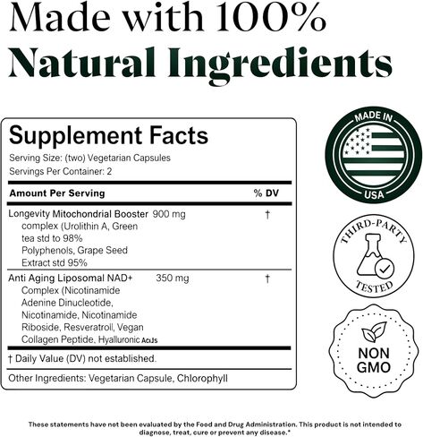 10 في 1 أوروليثين أ 1250 مجم مركب ليبوسومال لطول العمر | ث. NAD+، نيكوتيناميد ريبوسيد وريسفيراترول | دعم الميتوكوندريا يعزز الطاقة الخلوية ومكافحة الشيخوخة وتعافي العضلات in Kuwait