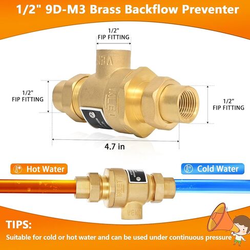 1/2" 9D-M3 مانع التدفق الخلفي للصمام المزدوج مع فتحة تهوية متوسطة، مانع التدفق الخلفي النحاسي، وصلات مدخل ومخرج الاتحاد الأنثوي، 190T012 in Kuwait