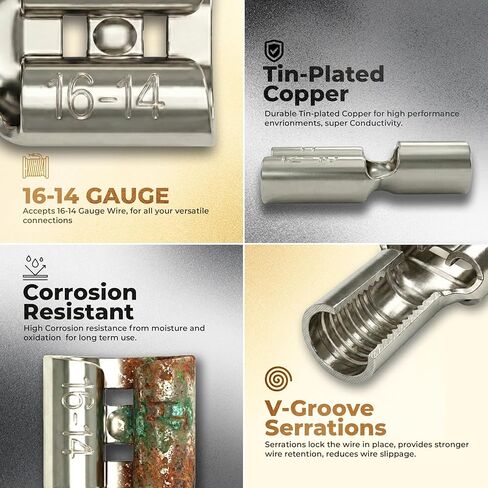 Sherco-Auto 100 قطعة غير معزولة مقاس 16-14 موصل قطع سريع أنثى - طرف سلك مسمار .250 1/4 بوصة - مسننات نحاسية وأخاديد على شكل حرف V من أجل تجعيد قوي ومقاومة التآكل - صنع في الولايات المتحدة الأمريكية in Saudi Arabia