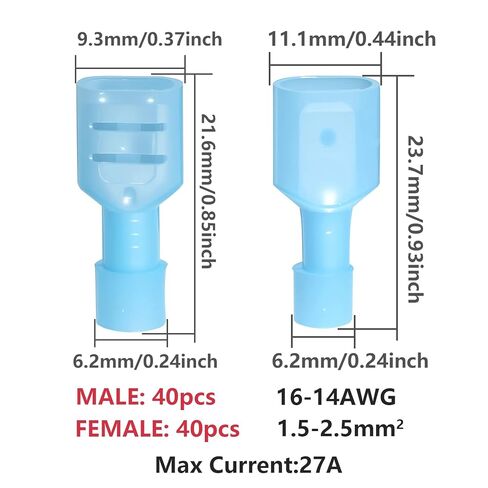 16-14 AWG Nylon Male and Female Spade Connectors Insulated Blue Quick Disconnect Wire Connector Spade Crimp Terminals (Pack of 80Pcs) in Saudi Arabia