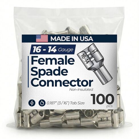 Sherco-Auto 100 Pcs Non-Insulated 16-14 Gauge Female Quick Disconnect Connector - .187 3/16" Stud Wire Terminal - V-Grooves Serrations for Strong Crimps & Corrosion Resistance - Made in USA in Saudi Arabia