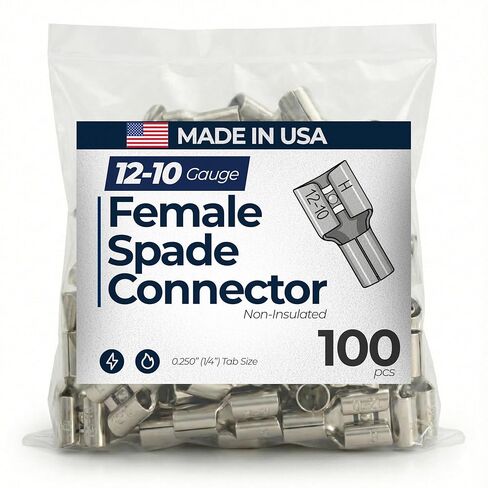 Sherco-Auto 100 Pcs Non-Insulated 12-10 Gauge Female Quick Disconnect Connector - .250 1/4" Stud Wire Terminal - Copper & V-Grooves Serrations for Strong Crimps & Corrosion Resistance - Made in USA in Saudi Arabia